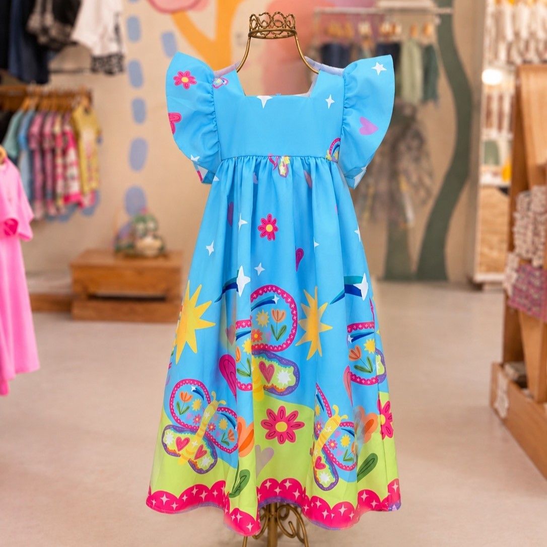 Vestido Infantil Menina Manga Curta Jardim Azul Isadora