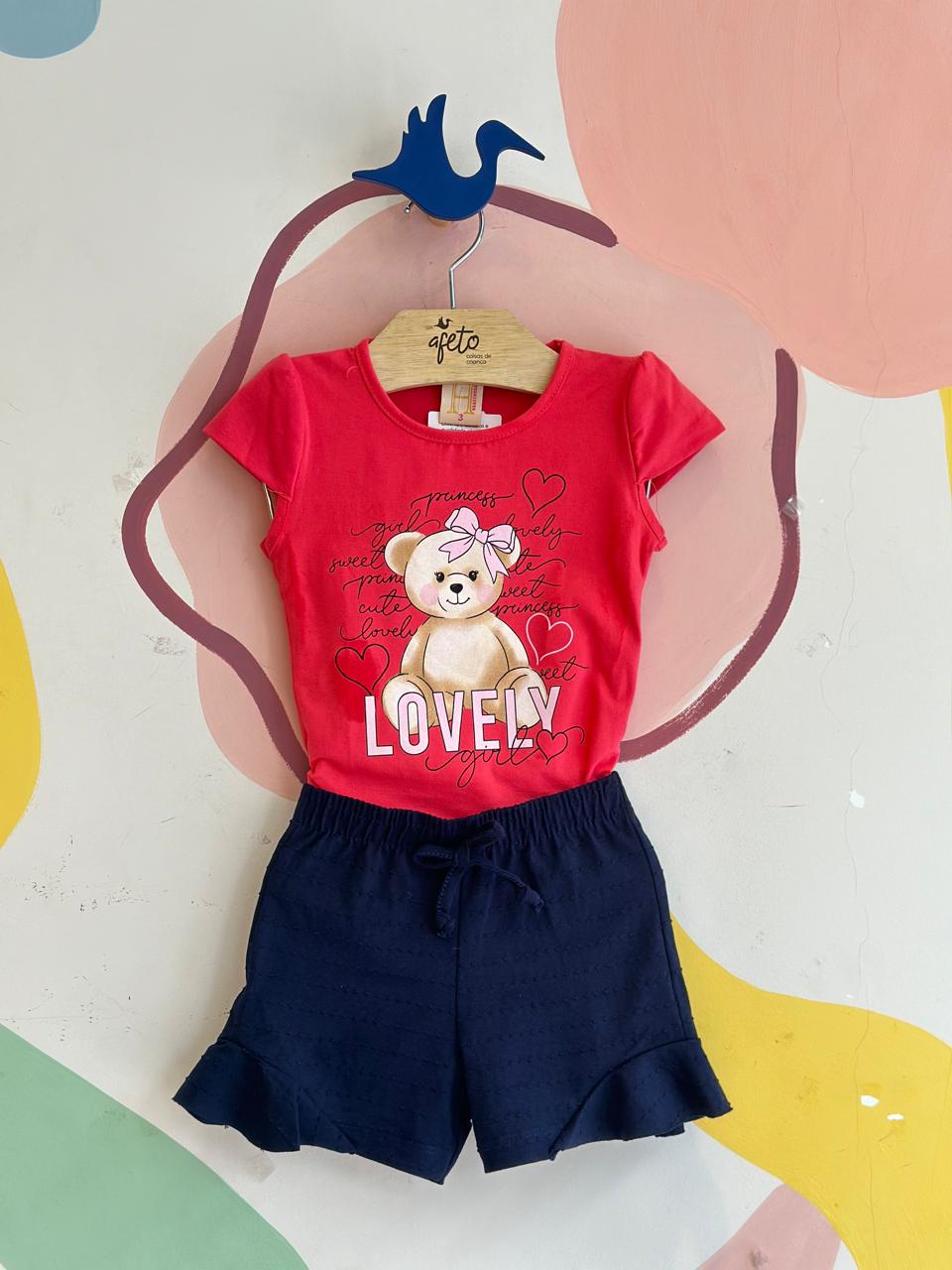 Conjunto Manga Curta Shorts Hrradinhos Menina Ursa