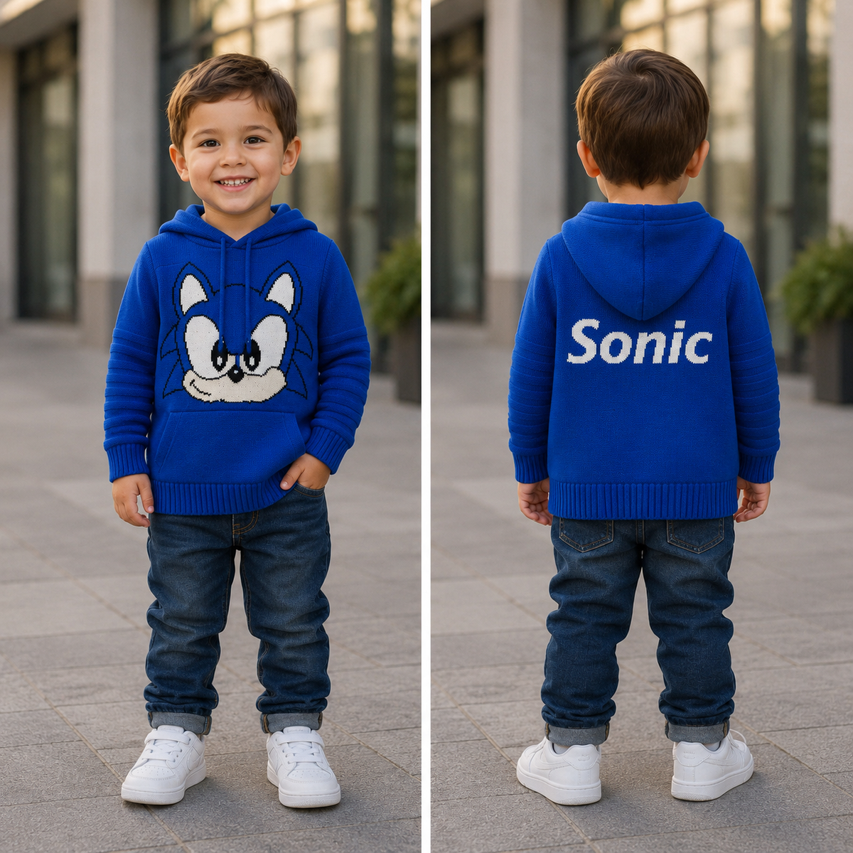 Blusa Tricot Infantil Inverno Capuz com Bolso Sonic Azul