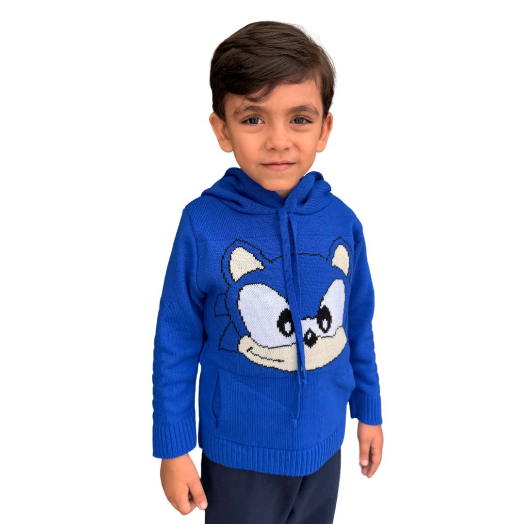 Blusa Tricot Infantil Inverno Capuz com Bolso Sonic Azul