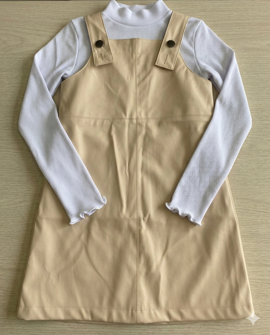 Salopete em Courino Off White Feminino Infantil com Manga Longa Branco Menina