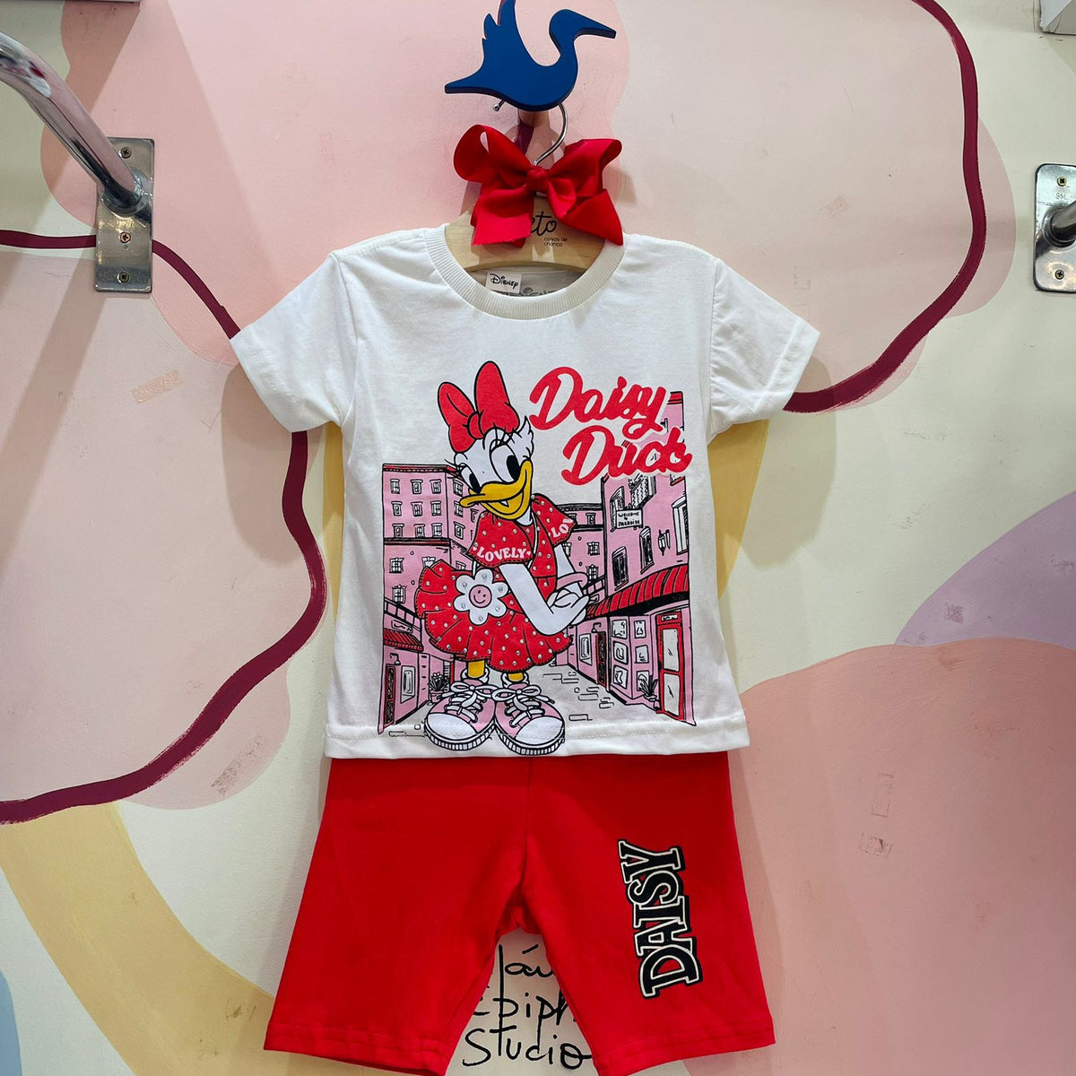 Conjunto Menina Margarida Disney manga curta shorts ciclista off white/vermelho