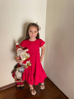 Vestido Manga Curta Kiki Xodo Menina Liso Babado Vermelho