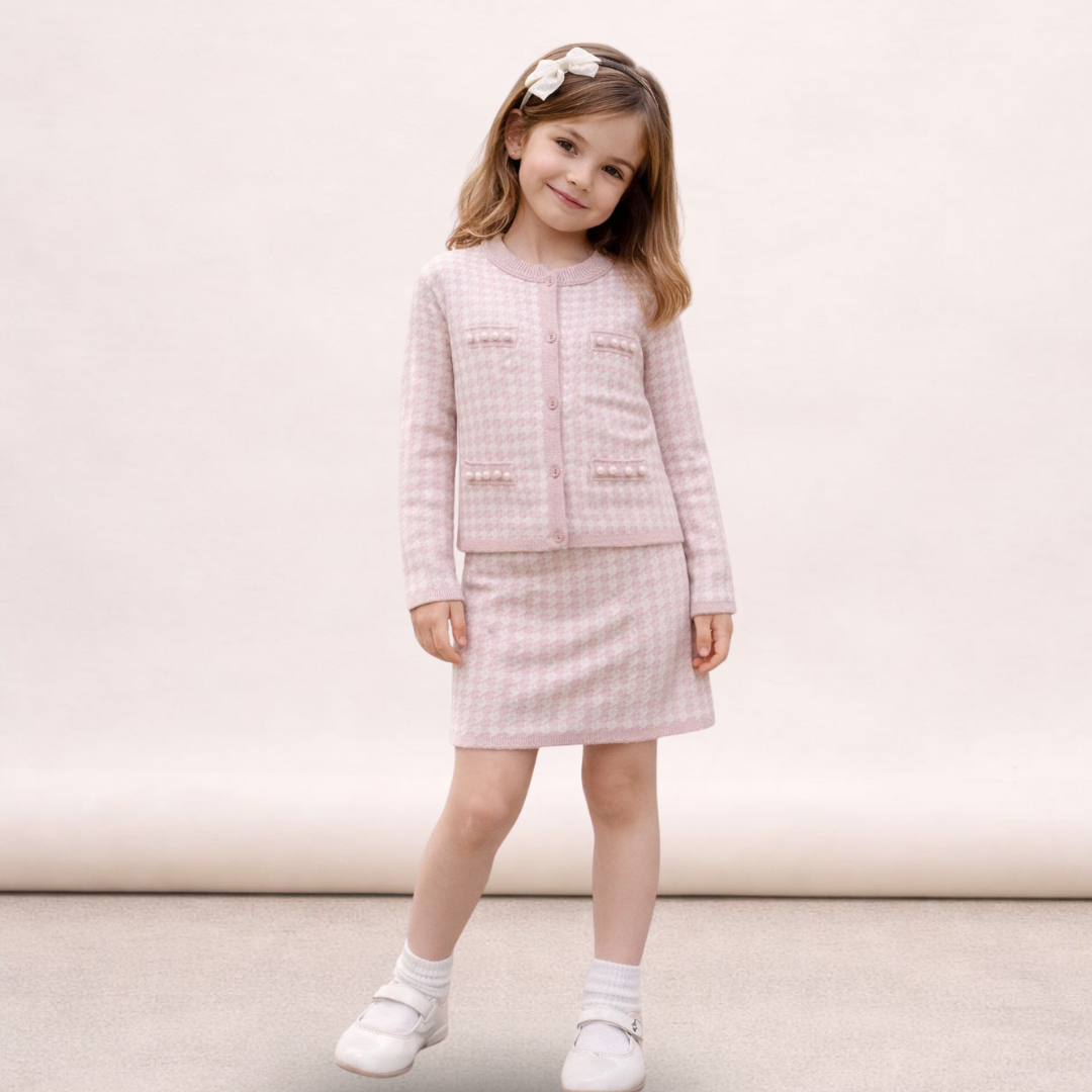 Conjunto Tricot Paty Casaco Saia Rose com Perola