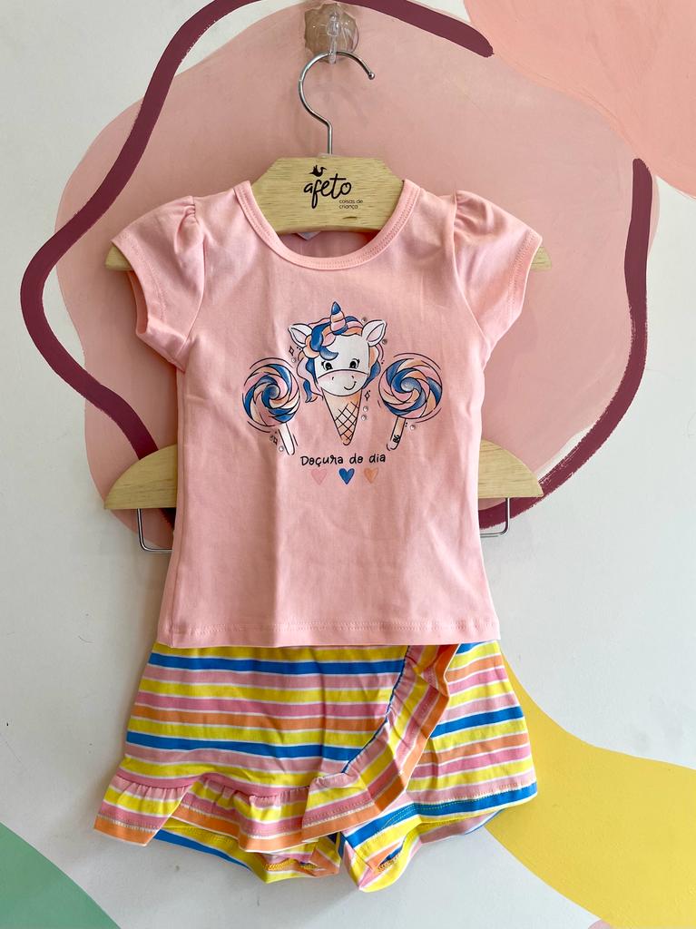 Conjunto Manga Curta Shorts Saia Bograntex Infantil menina Listrado Unicornio