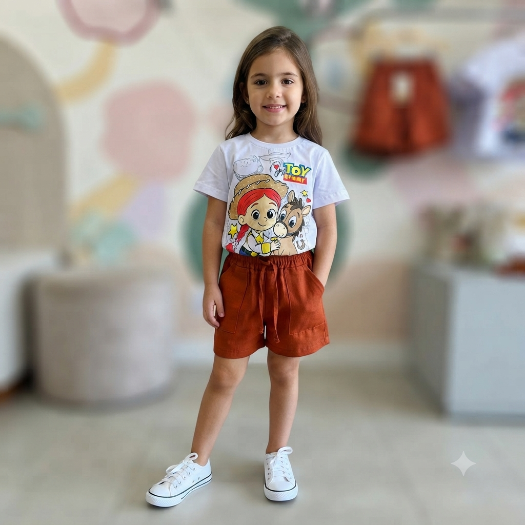 Conjunto Infantil Menina Blusa Manga Curta Branca e Shorts TerracotaToy Story