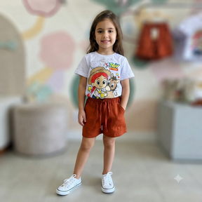 Conjunto Infantil Menina Blusa Manga Curta Branca e Shorts TerracotaToy Story