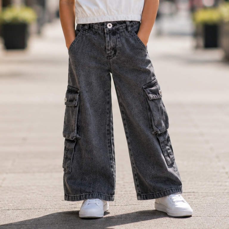 Calça Cargo Bolsos c/ Botao Wid Leg Infantil Menina Jeans Preto Estonado
