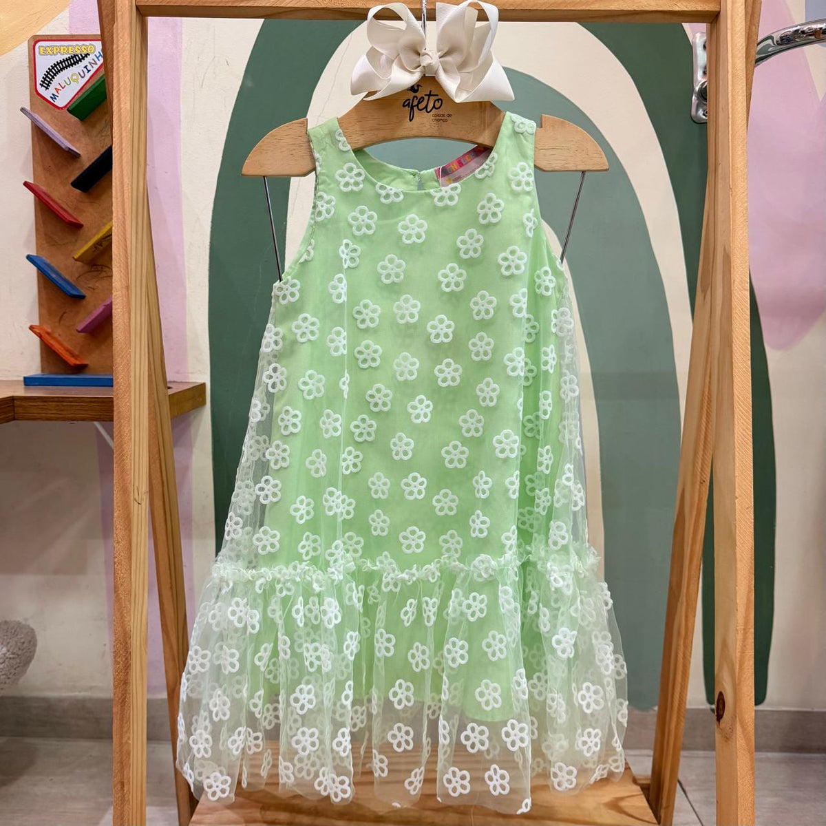 Vestido Infantil Menina Regata Flores Tule Verde Mon Sucre Cecilia