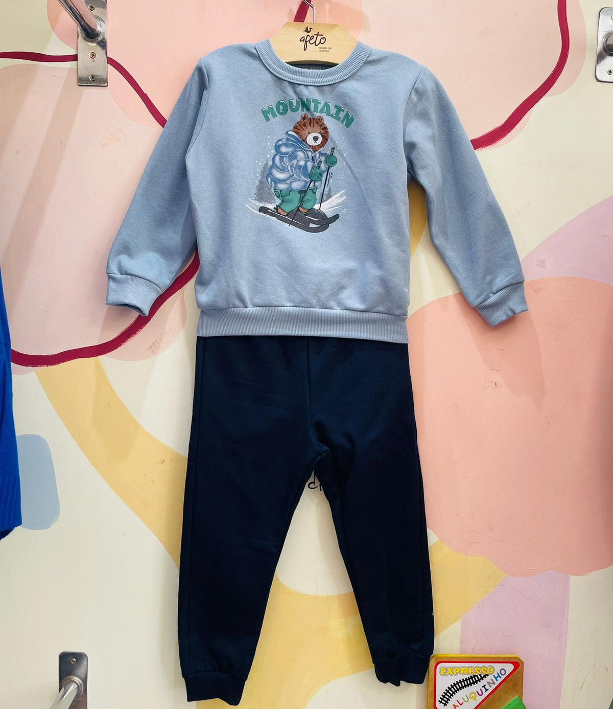 Conjunto Infantil Masculino Manga Longa Calça Flanelado Menino Urso Ski Azul
