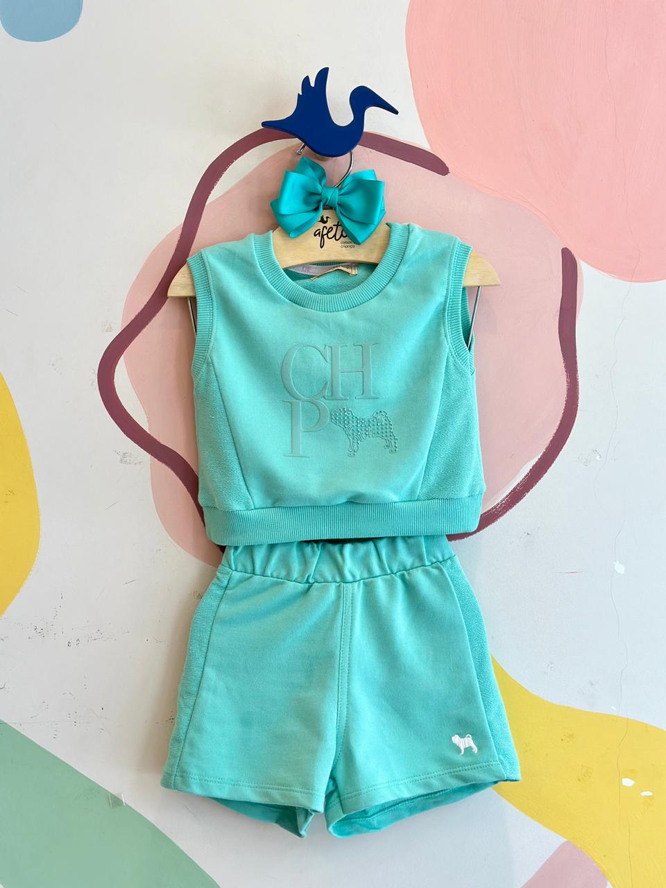Conjunto Regata Shorts Charpey Menina Moletinho Recortes Verde