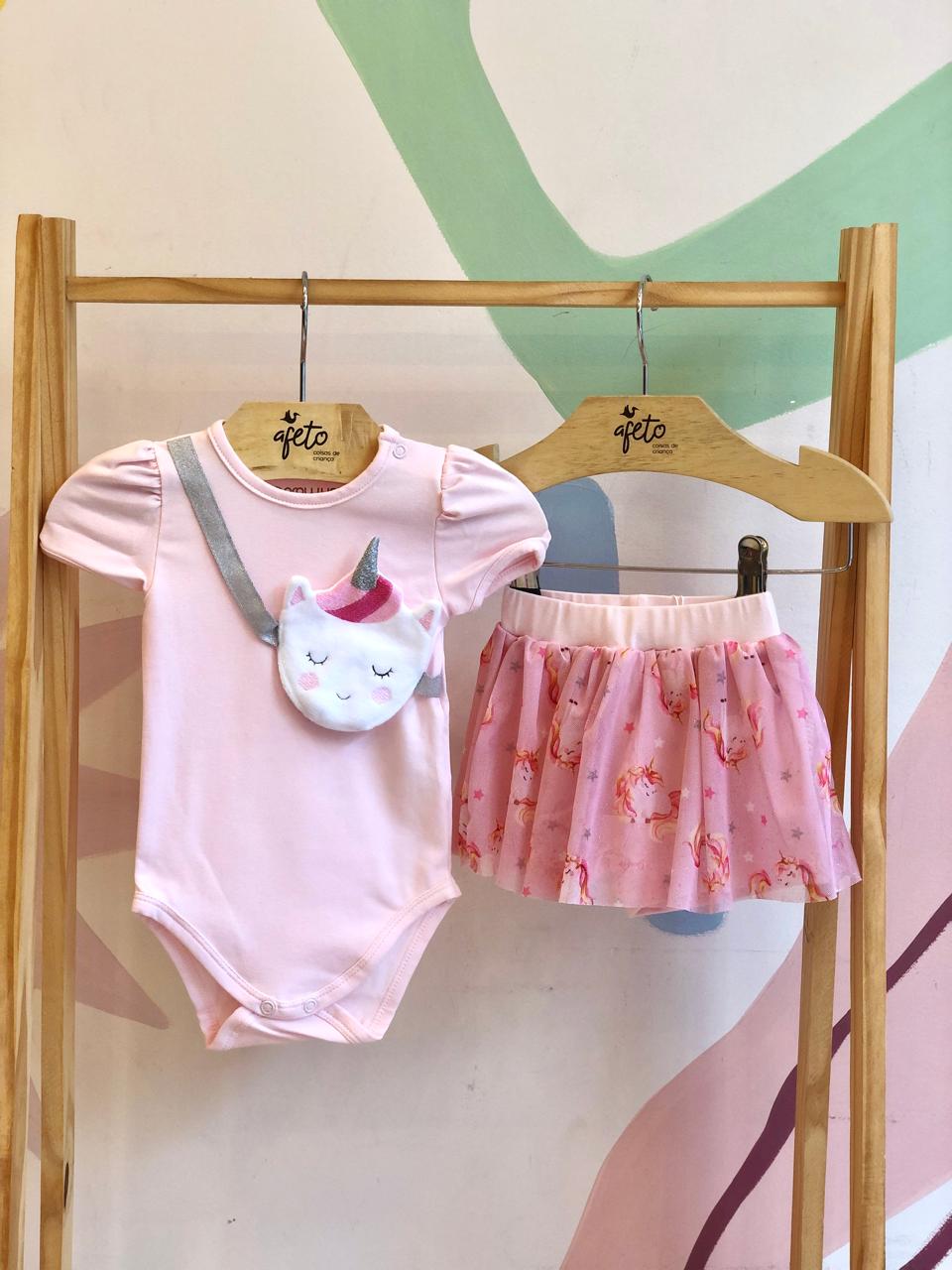 Conjunto Manga Curta Saia Growup Menina Tule Unicornio