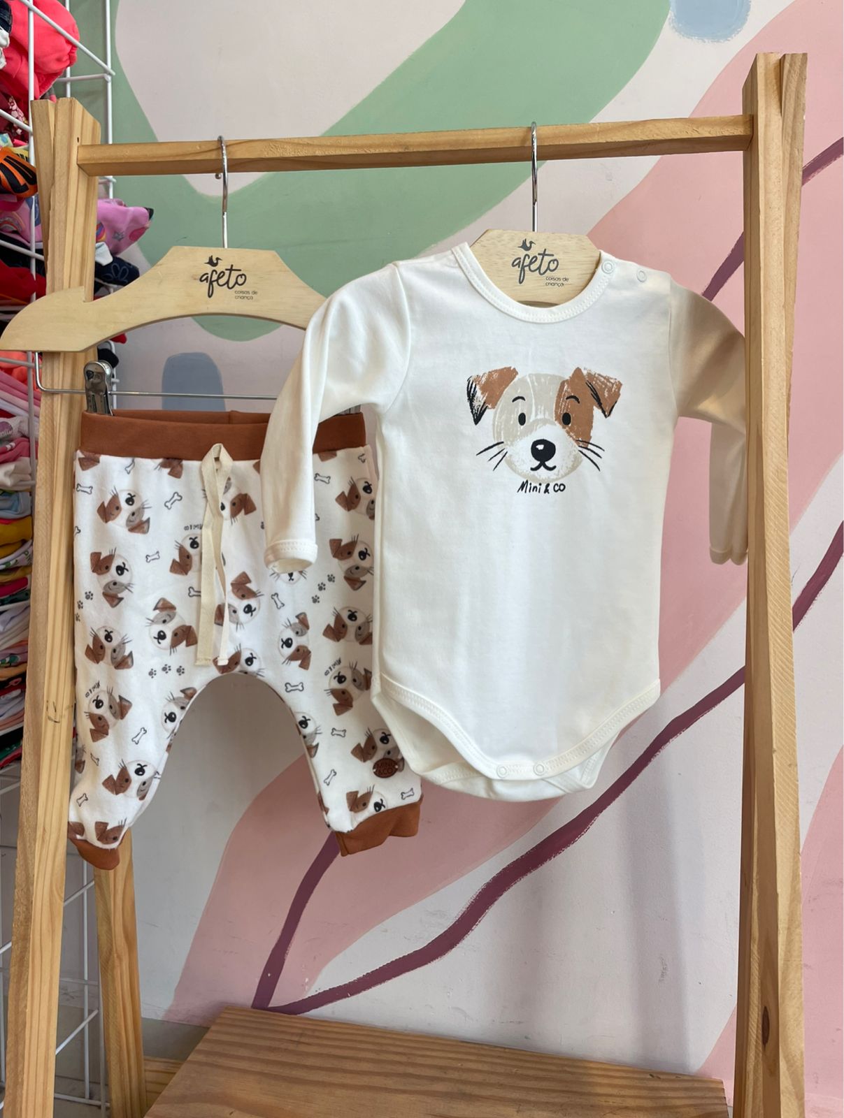 Conjunto manga longa Body Calça Mini & Co Unissex Cachorro Osso