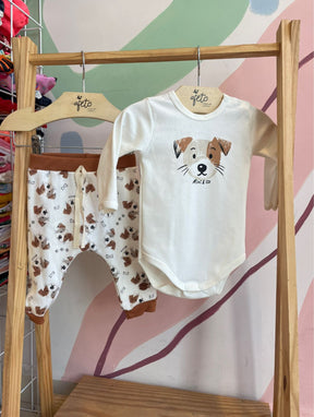Conjunto manga longa Body Calça Mini & Co Unissex Cachorro Osso