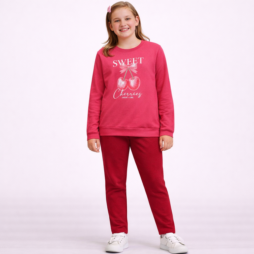 Conjunto Infantil Menina Manga Longa Calça Flanelado Menina Cereja Laco Rosa Marsala