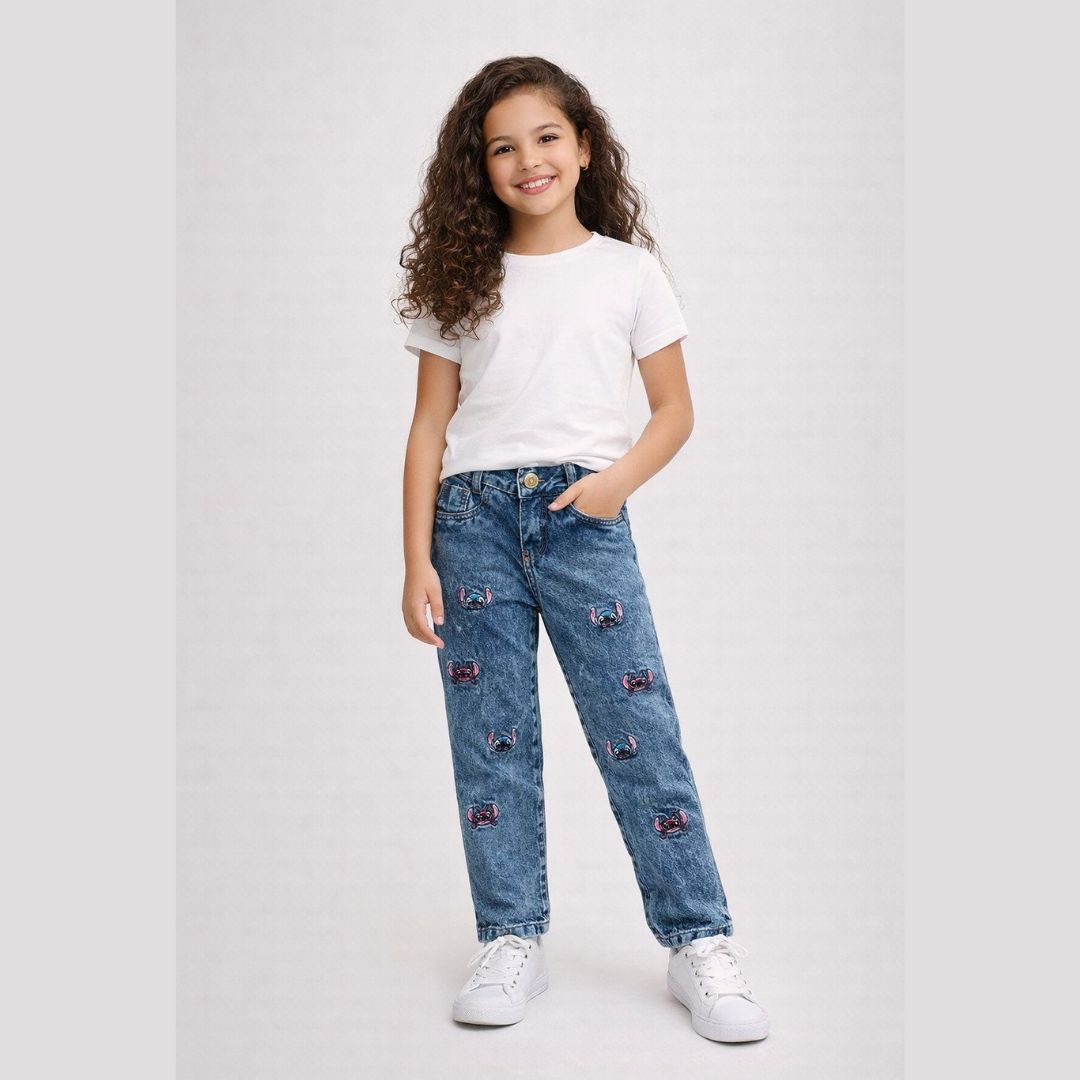 Calça Jeans Menina Infantil Stitch Bordada Feminina