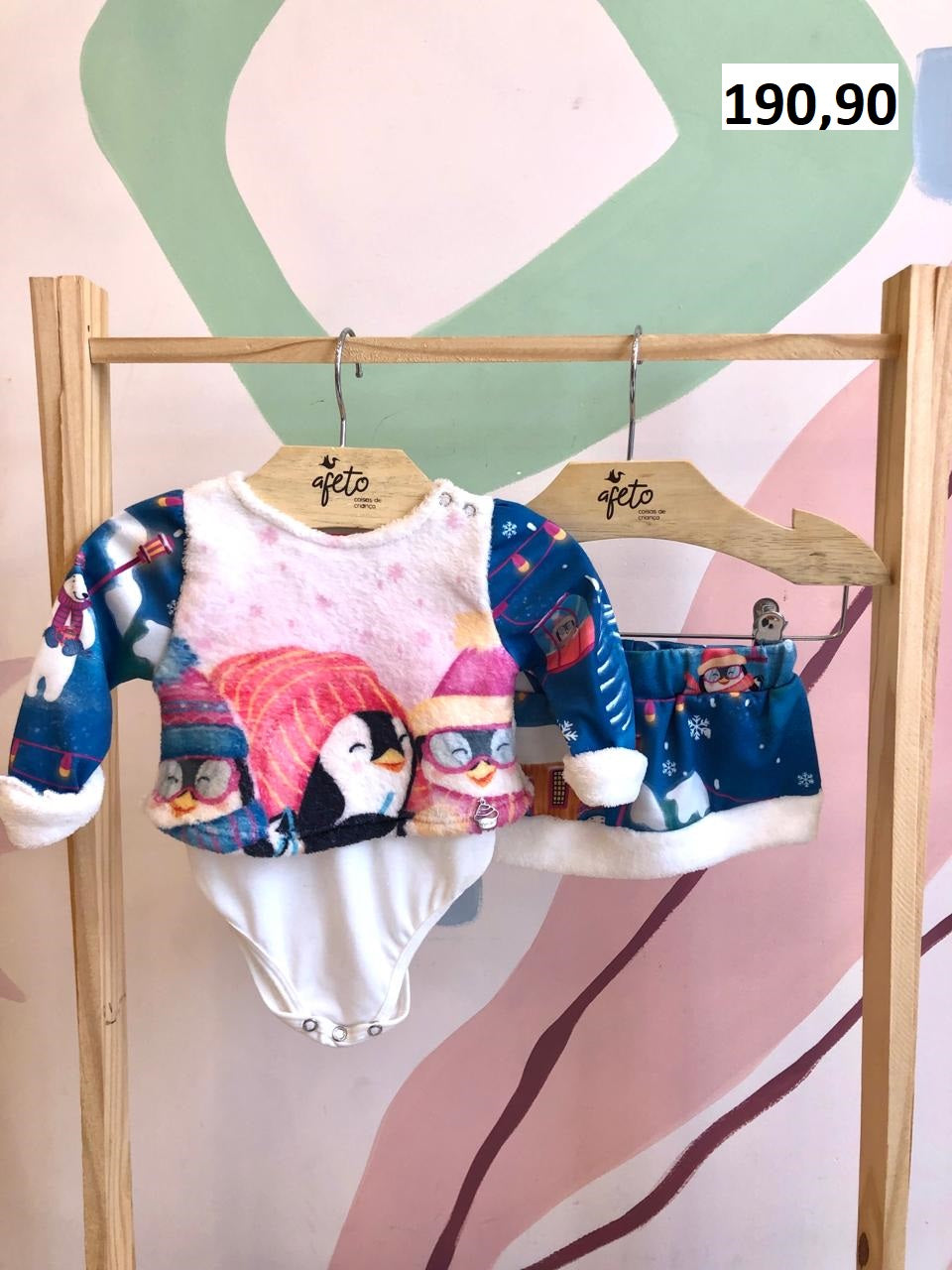 Conjunto Bebe menina Mon Sucre manga longa Saia Pinguim