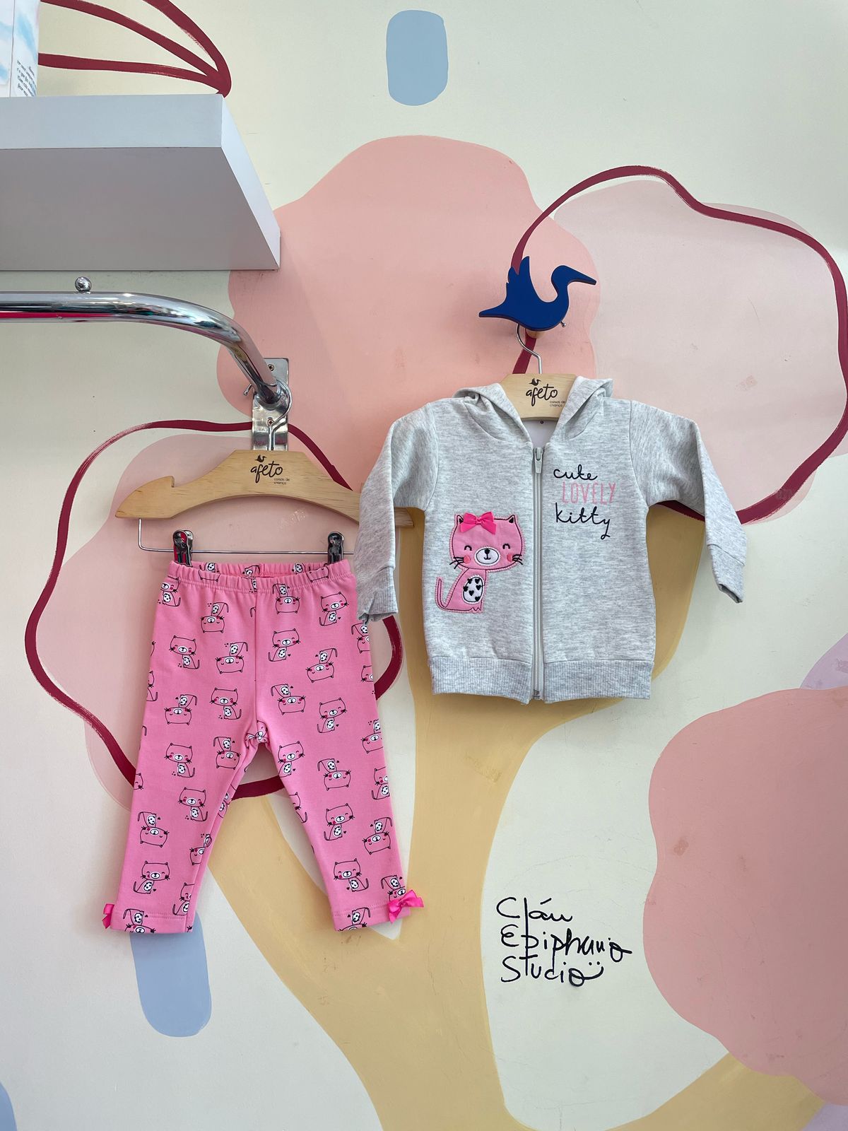 Conjunto manga longa calça Hrradinhos menina bebê Jaqueta Gatinha