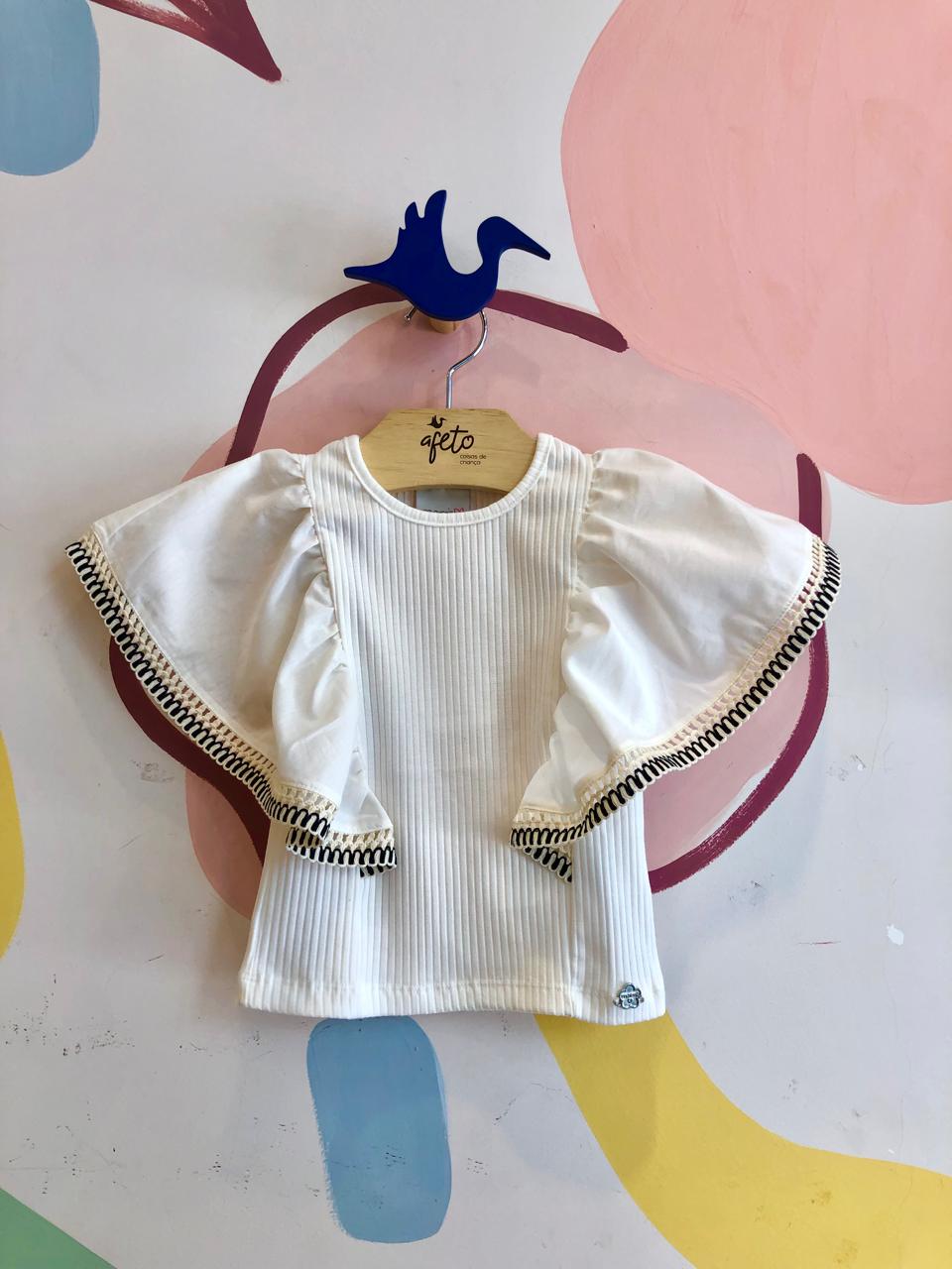 Blusa Manga Curta Menina Momi Canelada Babado Branco