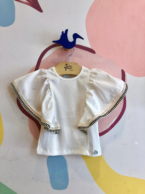 Blusa Manga Curta Menina Momi Canelada Babado Branco