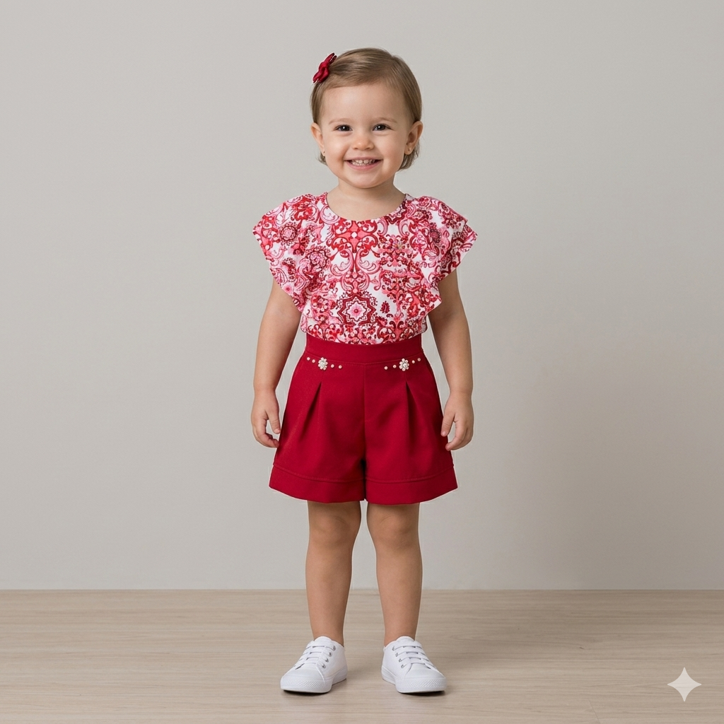 Conjunto manga curta shorts menina Ale Kids Arabescos Babados Vermelho Branco