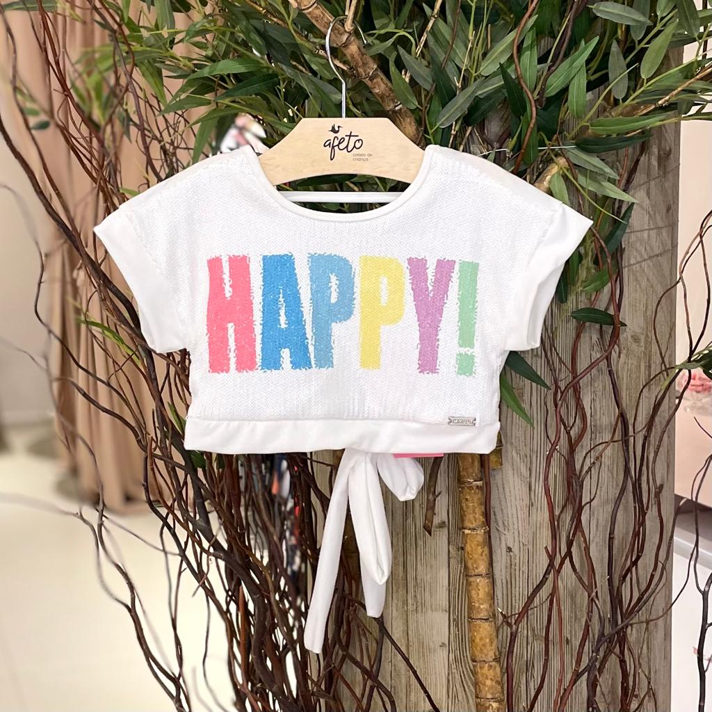 Blusa Manga Curta Mylu Infantil Fem Cropped Paete Happy