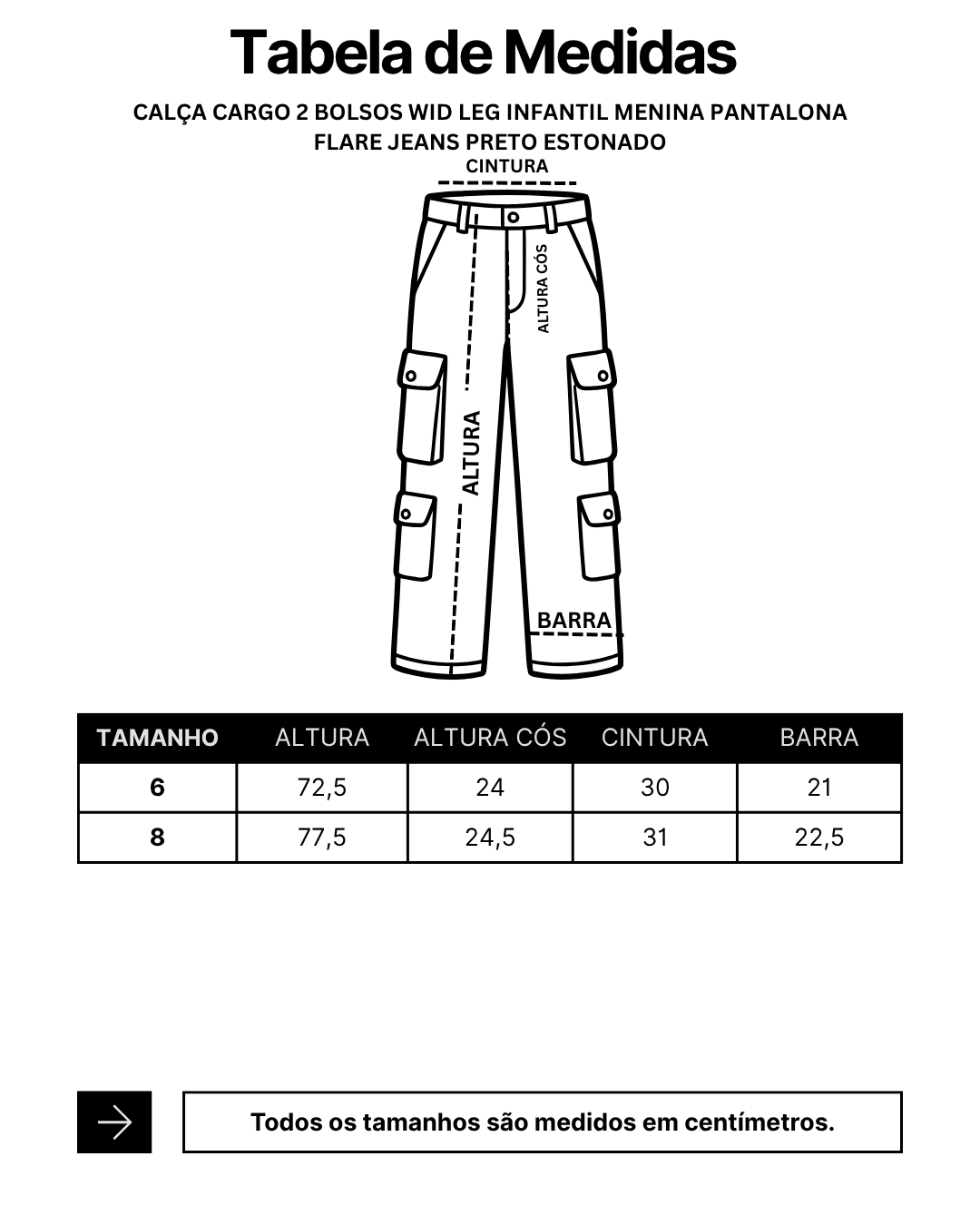 Calça Cargo 2 Bolsos Wid Leg Infantil Menina Pantalona Flare Jeans Preto Estonado