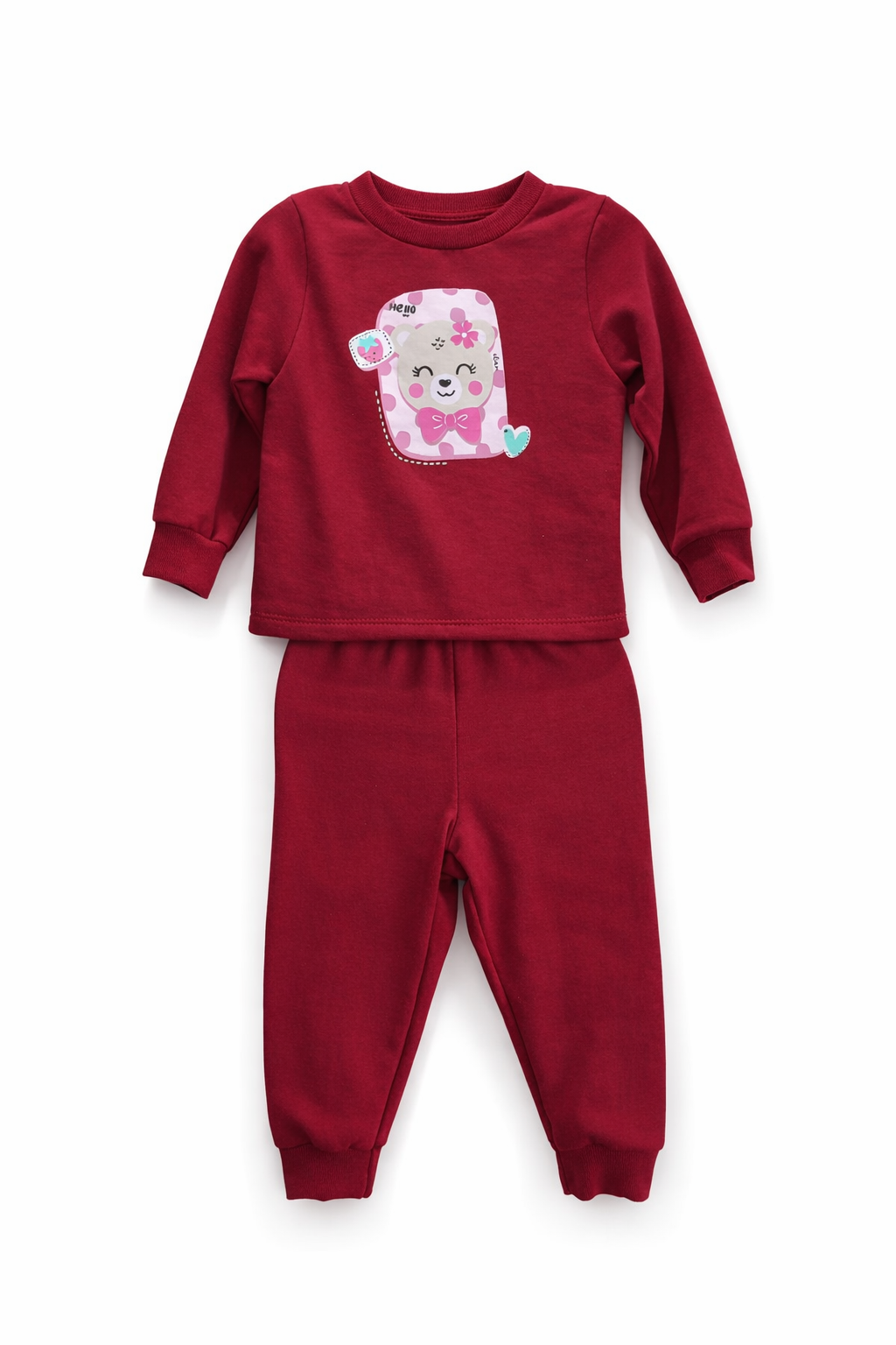 Conjunto Manga Longa Calça Flanelado Menina Elian Ursa Morango Marsala