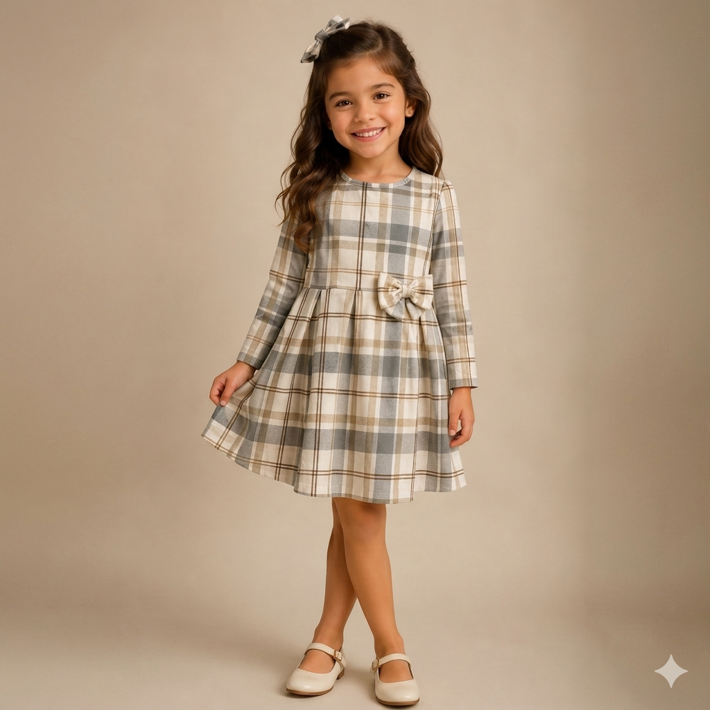 Vestido Infantil Manga Longa Xadrez Caramelo Fakini