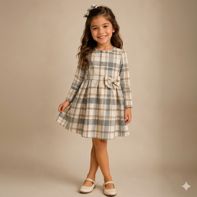 Vestido Infantil Manga Longa Xadrez Caramelo Fakini