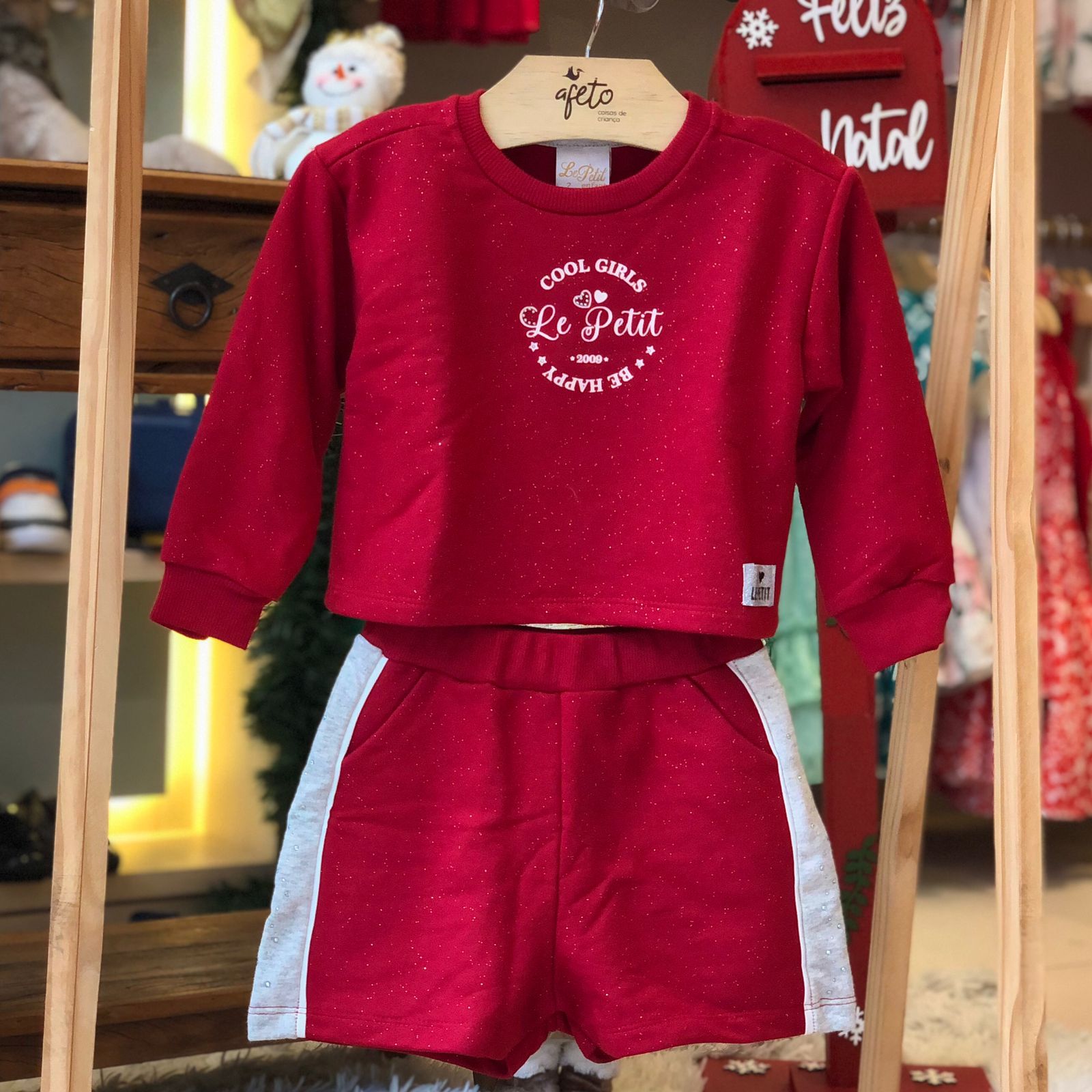 Conjunto manga longa Saia Le Petit menina Brilho Moletinho Vermelho