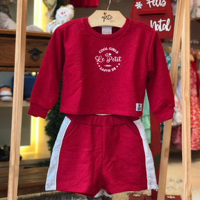 Conjunto manga longa Saia Le Petit menina Brilho Moletinho Vermelho