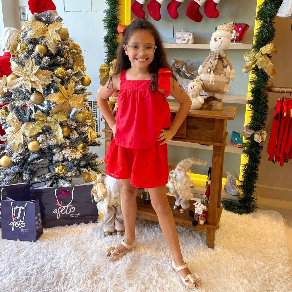 Conjunto Regata Shorts Momi Infantil menina Lasie Laco Ombro Vermelho