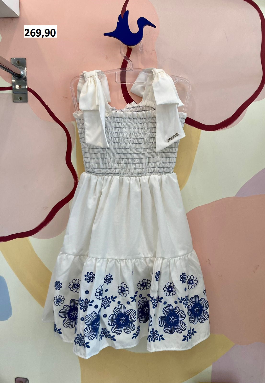 Vestido Regata Momi Infantil menina Lastex Flores Branco Azul