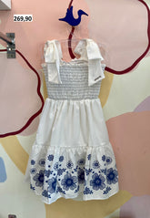 Vestido Regata Momi Infantil menina Lastex Flores Branco Azul