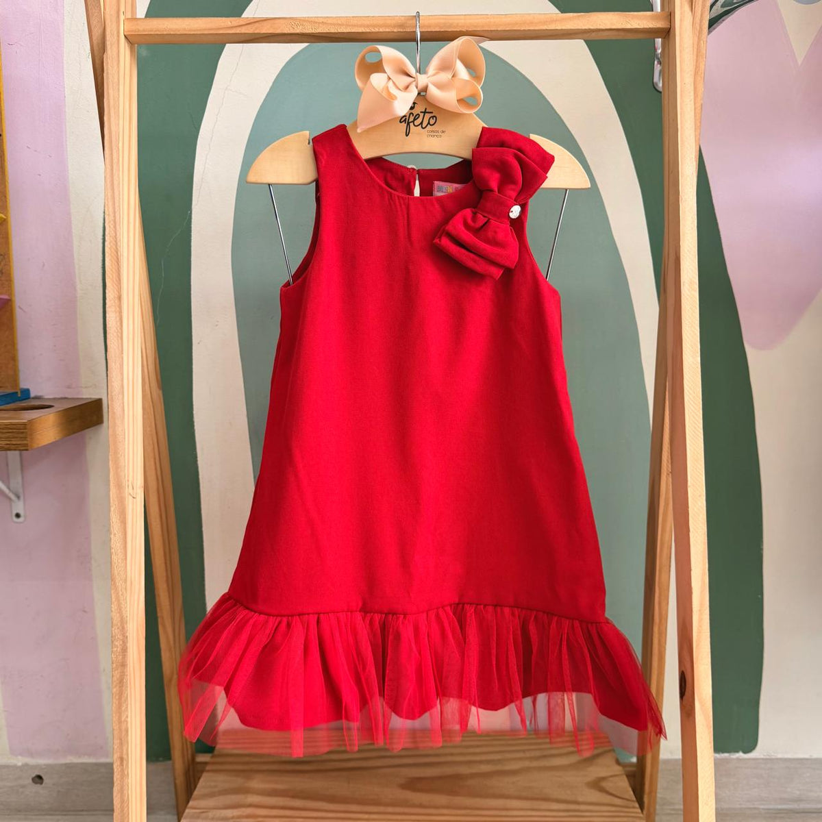 Vestido Infantil Menina Regata Laço Babado Tule Vermelho Mon Sucre Manuela