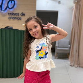 Blusa Manga Curta Infantil Hering Flores Algodão Off White