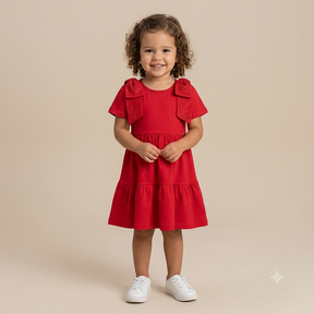 Vestido Manga Curta Momi Infantil Fem Midi Laco Ombro Strass Vermelho
