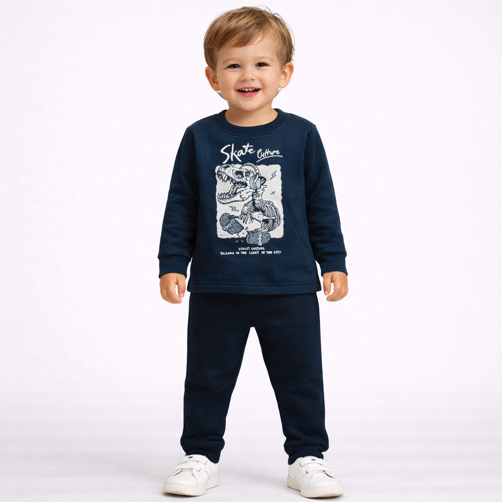 Conjunto Infantil Masculino Manga Longa Calça Flanelado Menino Dino Skate Marinho