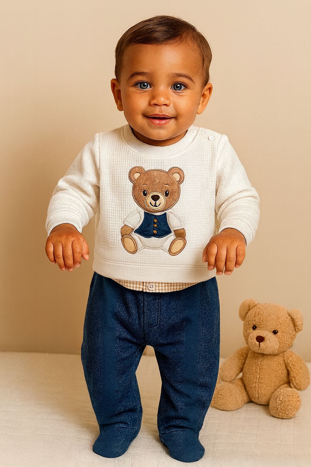 Macacao Manga Longa Upi Uli Infantil Masc Urso Sobreposicao Jeans