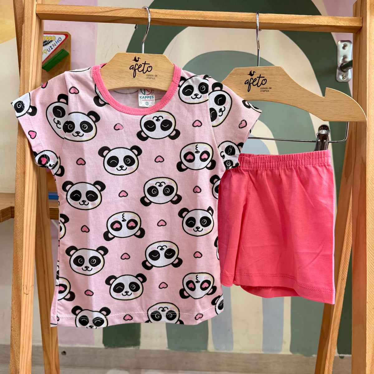 Pijama Infantil Menina Blusa Manga Curta e Shorts Panda Rosa