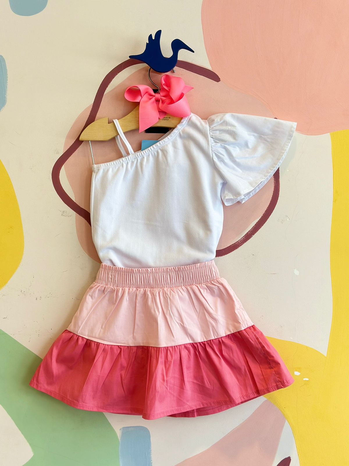 Conjunto manga curta saia You+Me menina Ombro Branco Rosa