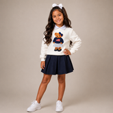 Conjunto Feminino Infantil Flanelado Ursa Gola Manga Longa Shorts Saia Menina Off Marinho Ursa