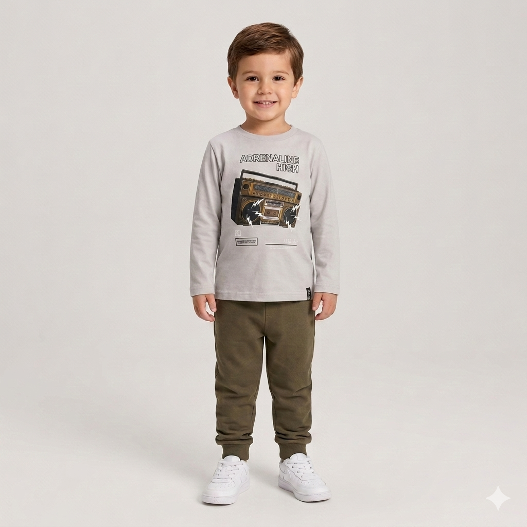 Conjunto Infantil Masculino Manga Longa Calça Moletinho Menino Radio Cinza Marrom