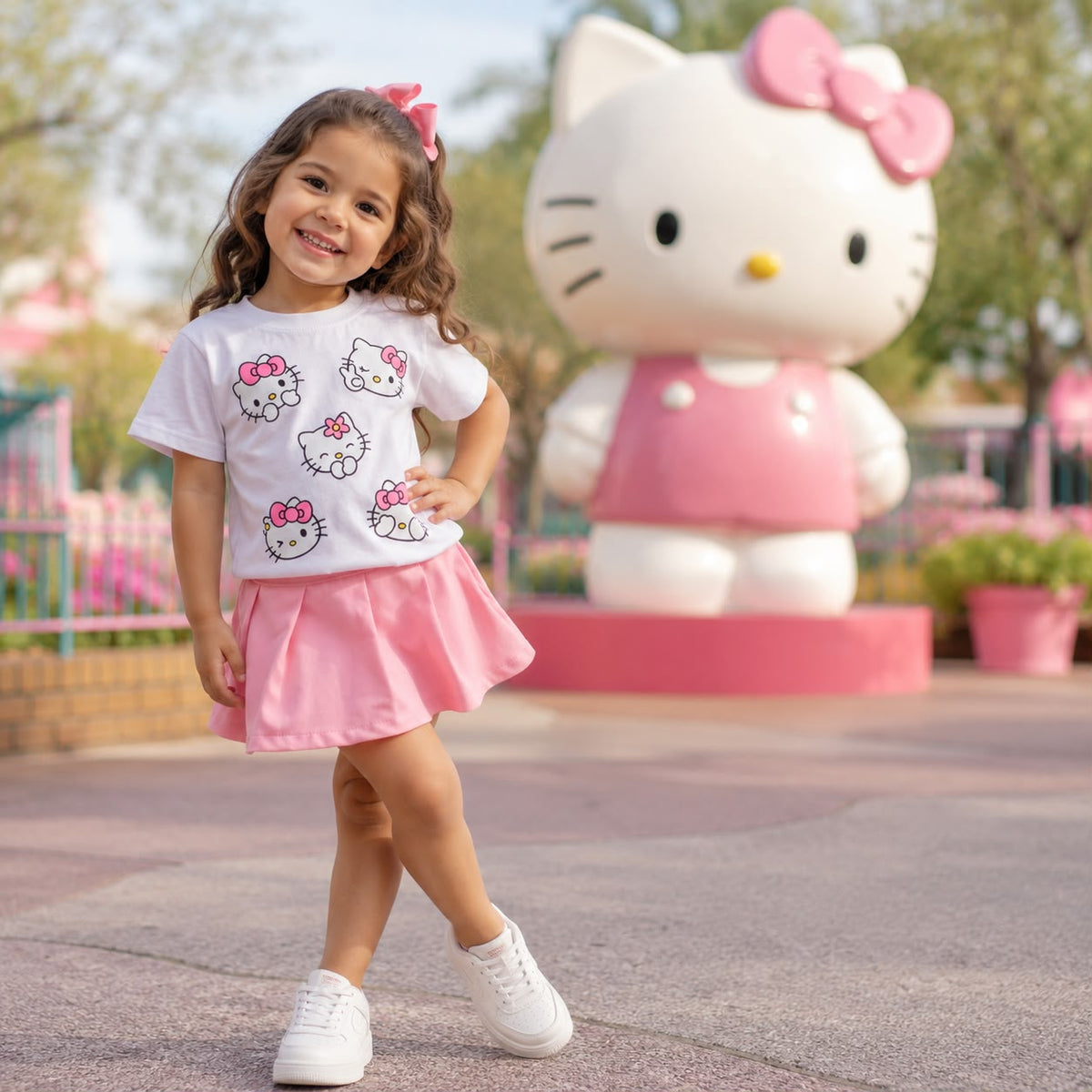 Conjunto Infantil Menina Blusa Manga Curta Branca e Shorts Saia Hello Kitty