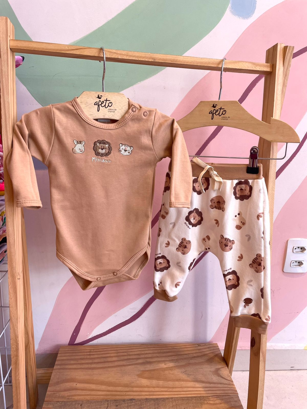 Conjunto manga longa Body Calça Mini & Co Unissex Leao Tigre