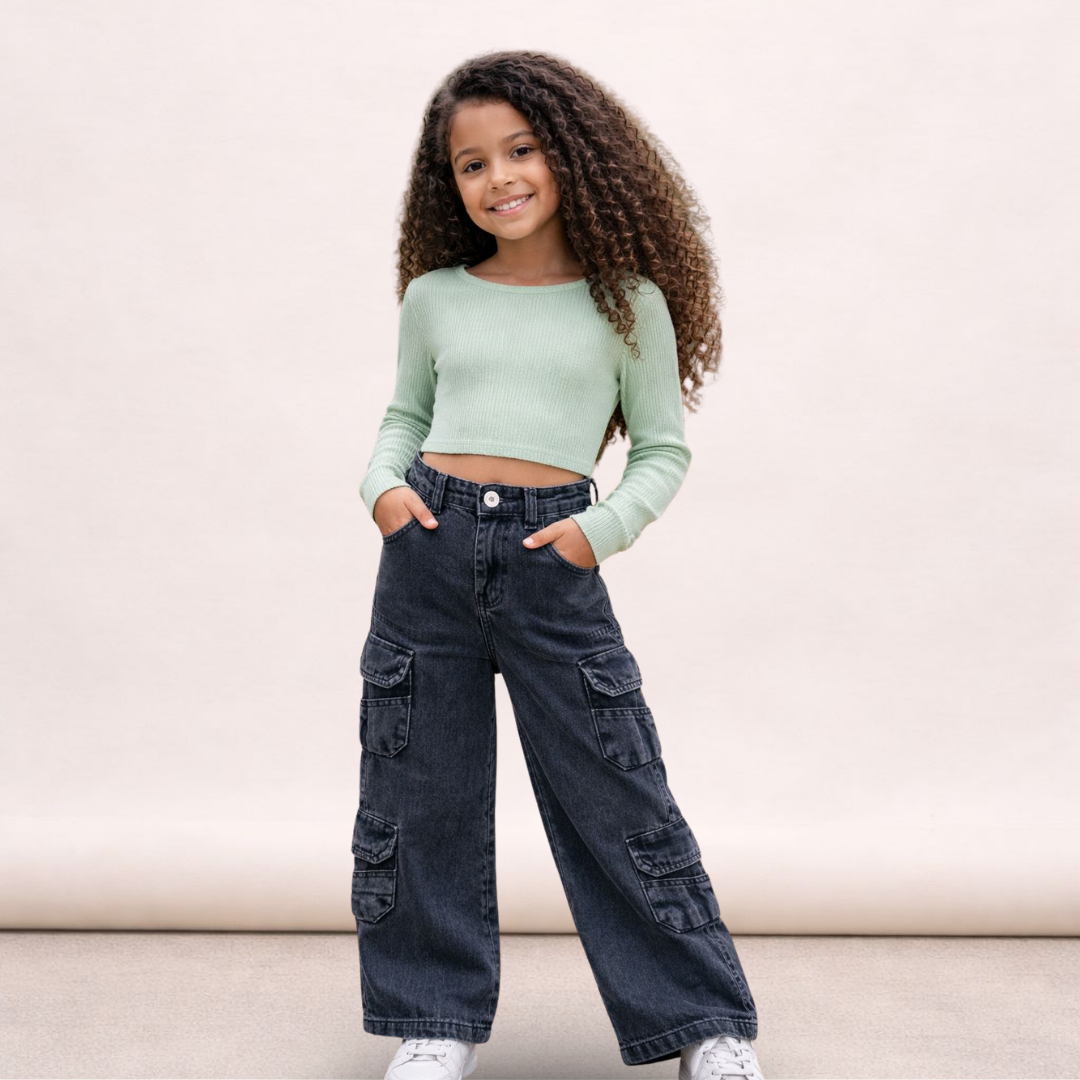 Calça Cargo Wid Leg Infantil Juvenil Menina Pantalona Flare Jeans Preto Estonado