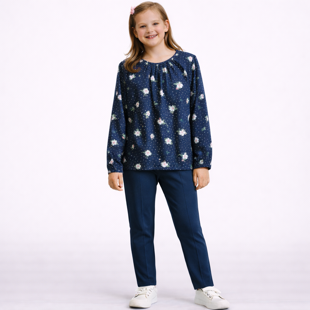 Conjunto Infantil Feminino Manga Longa Legging Menina Flores Folhas Poa Marinho