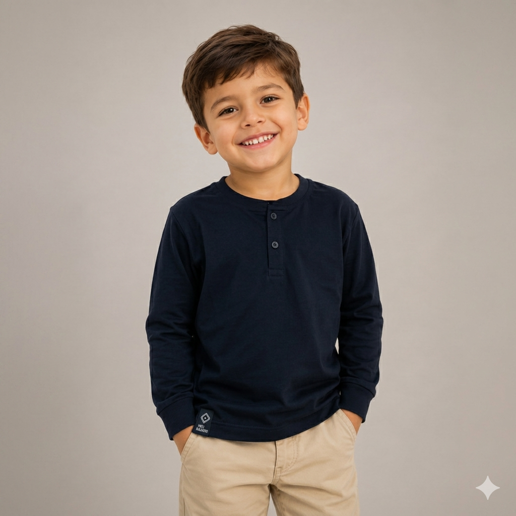 Camiseta Infantil Menino Manga Longa Botoes Lisa Preta Fakini