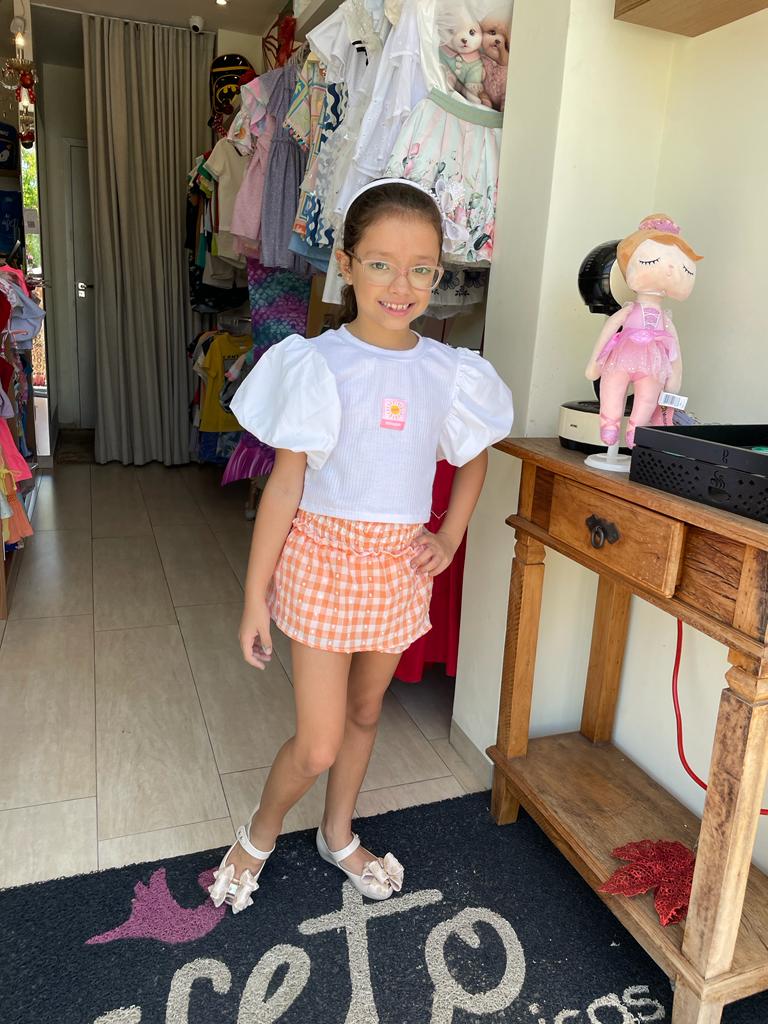 Conjunto Manga Curta Saia Malagah Infantil menina Xadrez Manga Bufante